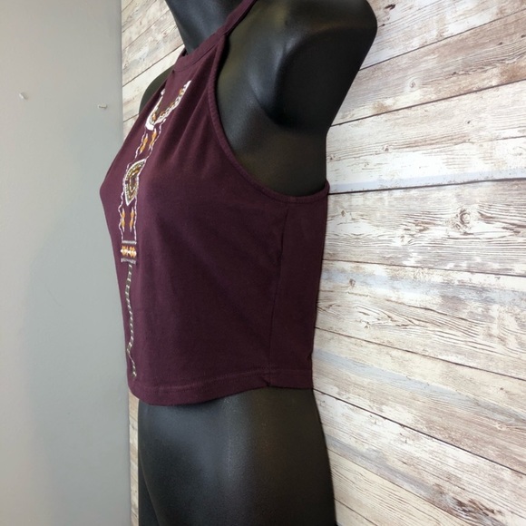 LA Hearts Maroon Tribal Embroidery High Neck Tank Crop Top - Picture 3 of 7